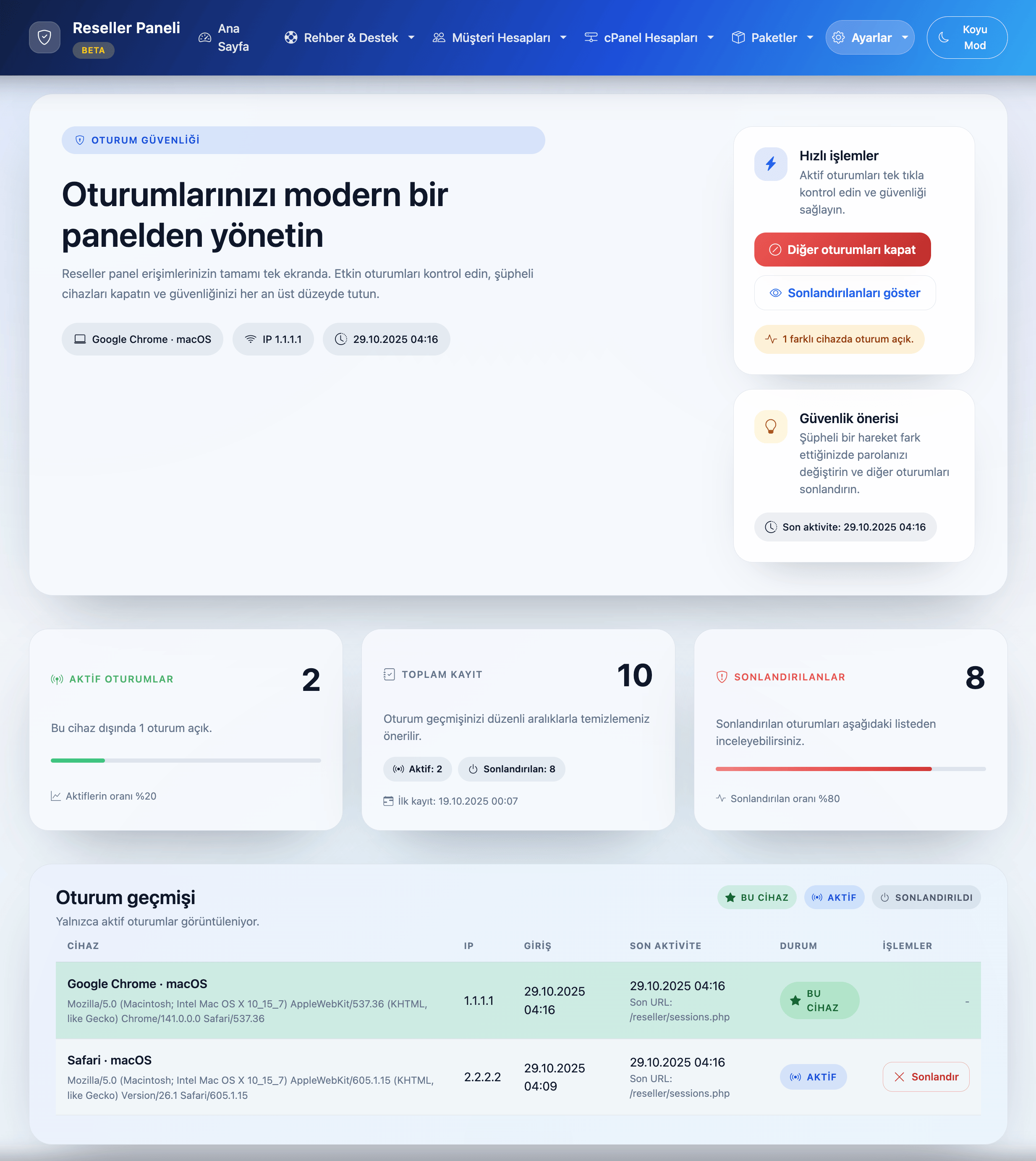Aktif oturum yönetimi ekranı